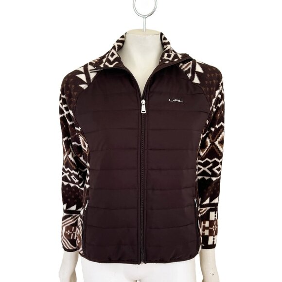 RALPH LAUREN Full Zip Quilted Fleece Tribal Print Jacket in Brown Cream SZ LP - Picture 11 of 11